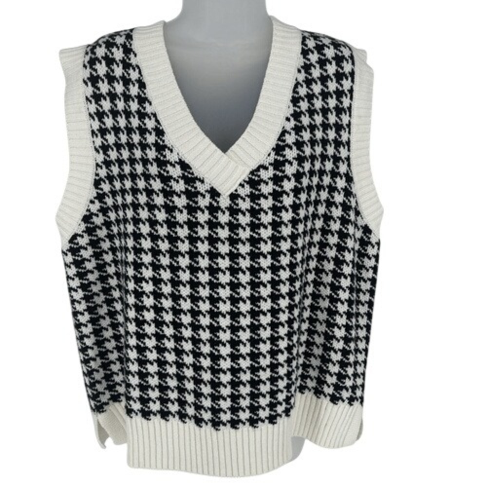 FORE Oversized Houndstooth Sweater Vest Black White Knit Size S